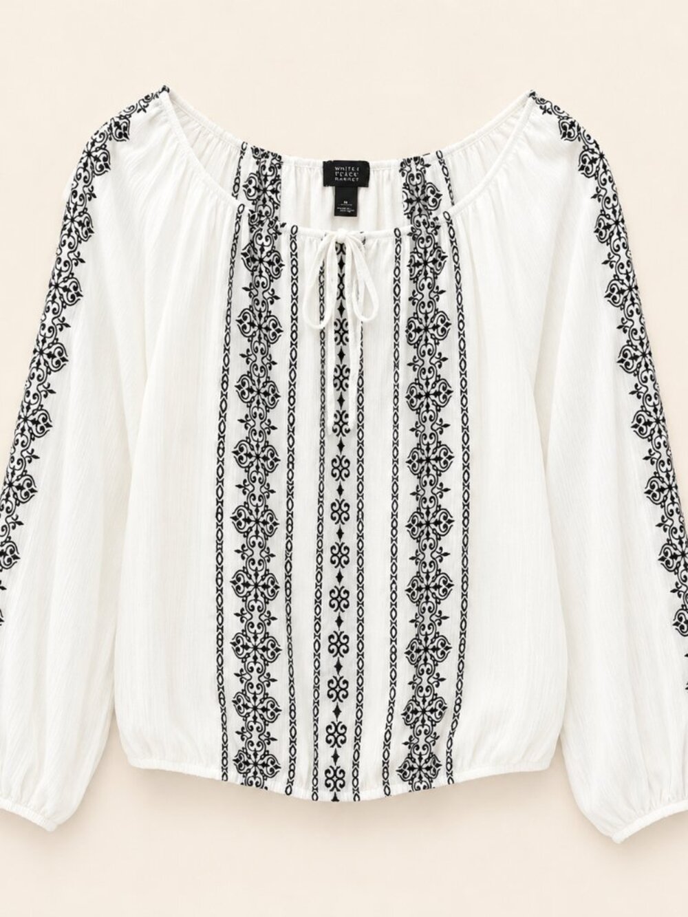 White House Black Market White & Black Embroidered Peasant Blouse Size 8